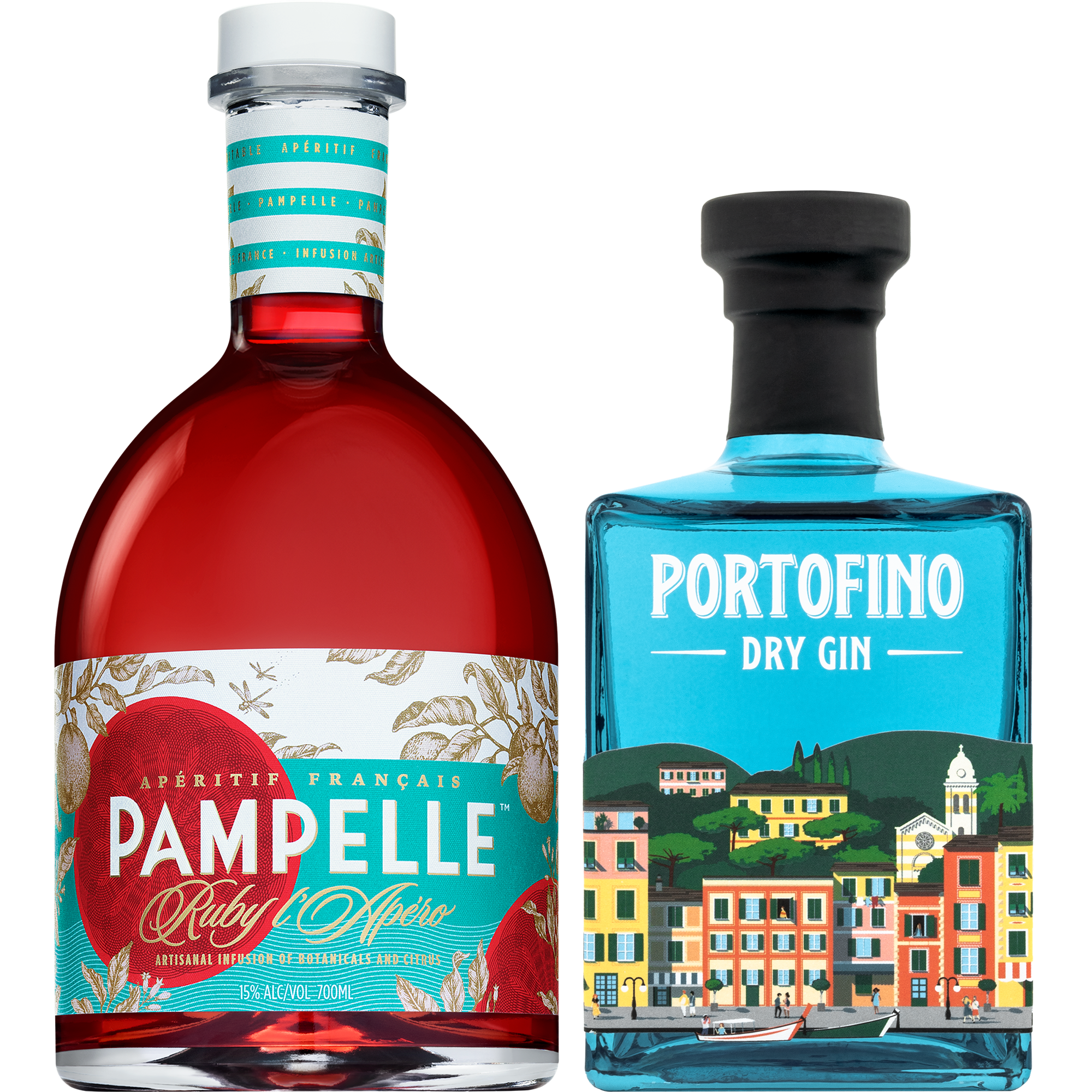Butelki zestawu Pampelle Aperitif i Portofino Dry Gin - przód