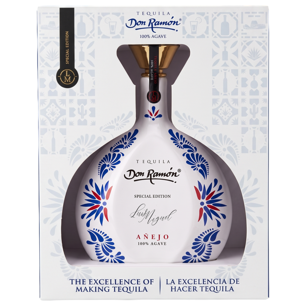 Casa Don Ramón Cerámica tequila, Añejo version, in a hand-decorated white bottle