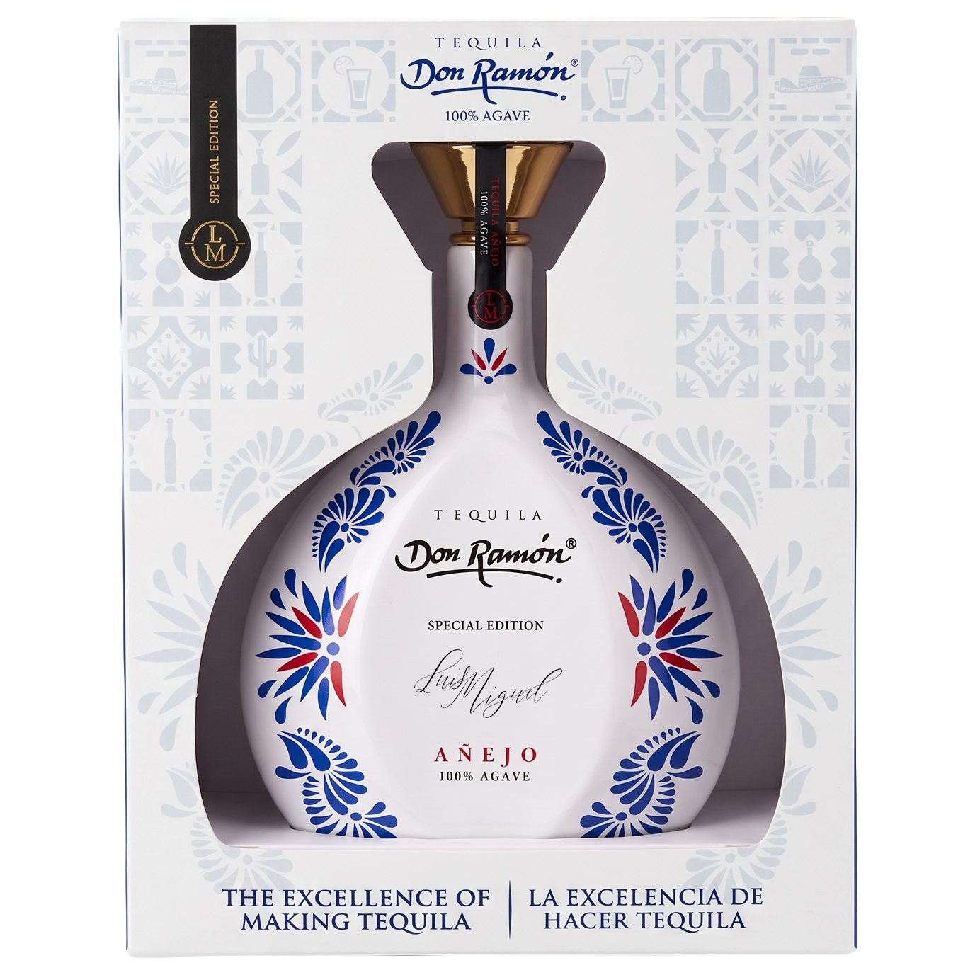Casa Don Ramón Cerámica tequila, Añejo version, in a hand-decorated white bottle