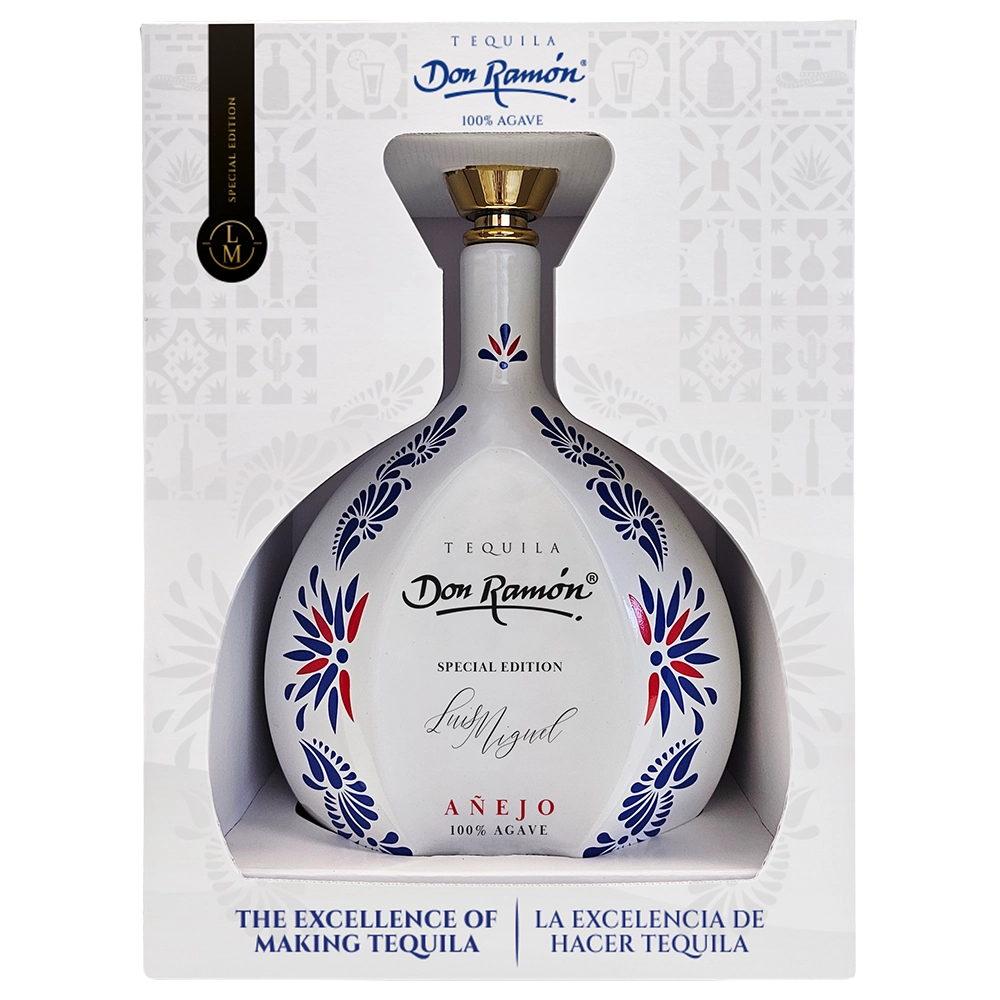 Casa Don Ramón Cerámica tequila, Añejo version, in a hand-decorated white bottle