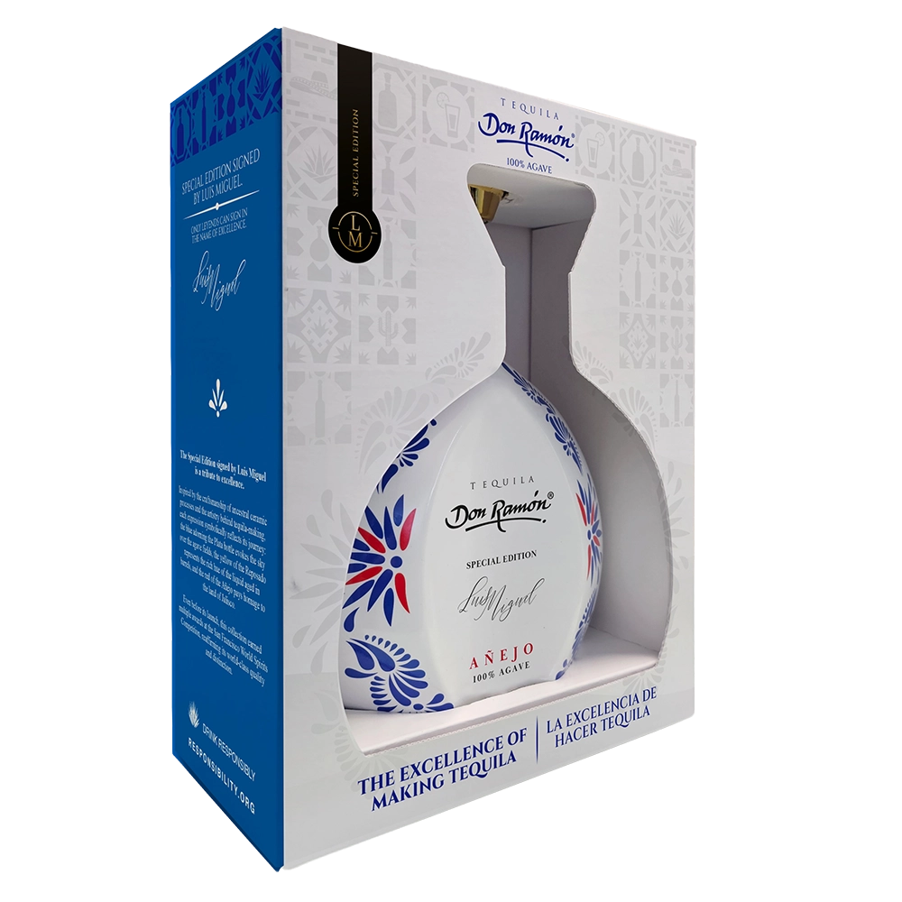Casa Don Ramón Cerámica tequila, Añejo version, in a hand-decorated white bottle