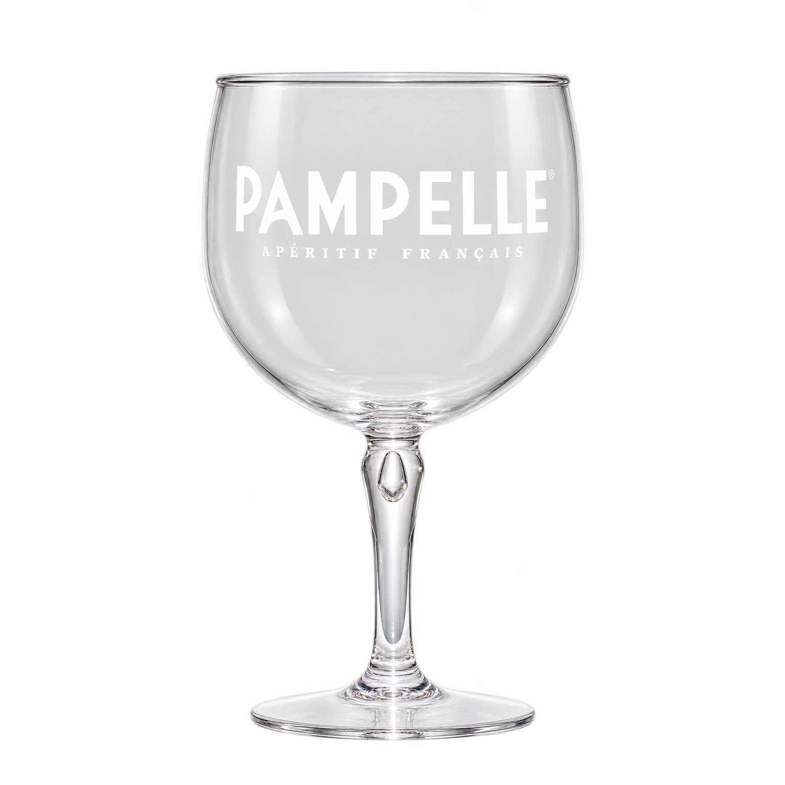 Kieliszek Pampelle z przezroczystego poliwęglanu, na nóżce, z białym logo Pampelle Apéritif Français – elegancki kieliszek do aperitifu.
