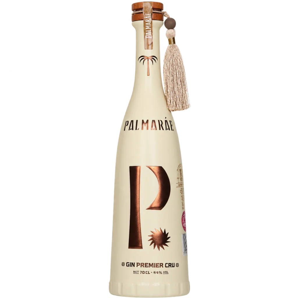 Palmarae Gin Premier Cru 70 cl bottle, 44% ABV, with an ivory finish, copper logo, cork stopper and decorative tassel.