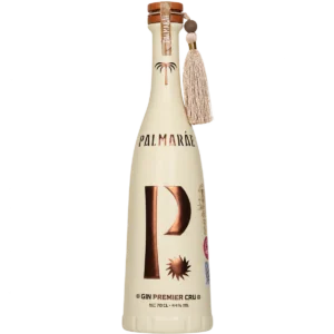 Palmarae Gin Premier Cru 70 cl bottle, 44% ABV, with an ivory finish, copper logo, cork stopper and decorative tassel.
