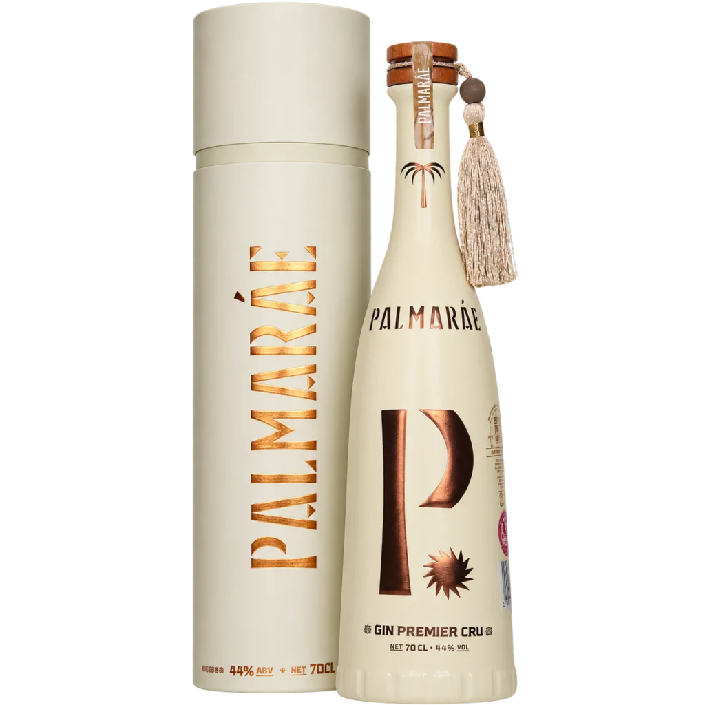 Palmarae Gin Premier Cru 70 cl ivory bottle with decorative tassel alongside its matching cylindrical gift presentation tube.