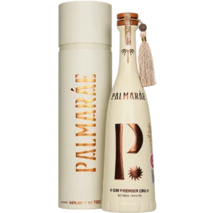 Palmarae Gin Premier Cru 70 cl ivory bottle with decorative tassel alongside its matching cylindrical gift presentation tube.