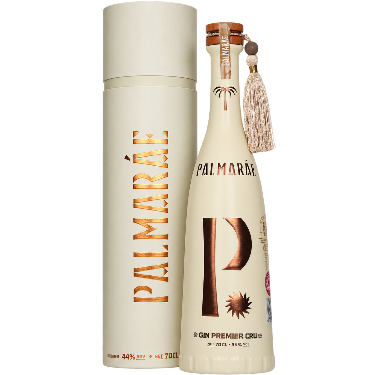 Palmarae Gin Premier Cru 70 cl ivory bottle with decorative tassel alongside its matching cylindrical gift presentation tube.