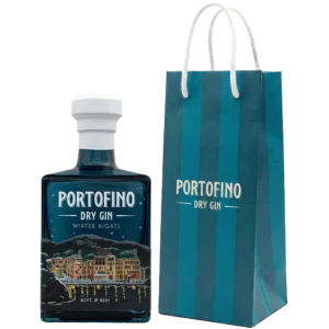 Portofino Dry Gin Winter Nights Limited Edition 500 ml – przód granatowej butelki z panoramą Portofino i firmową torbą