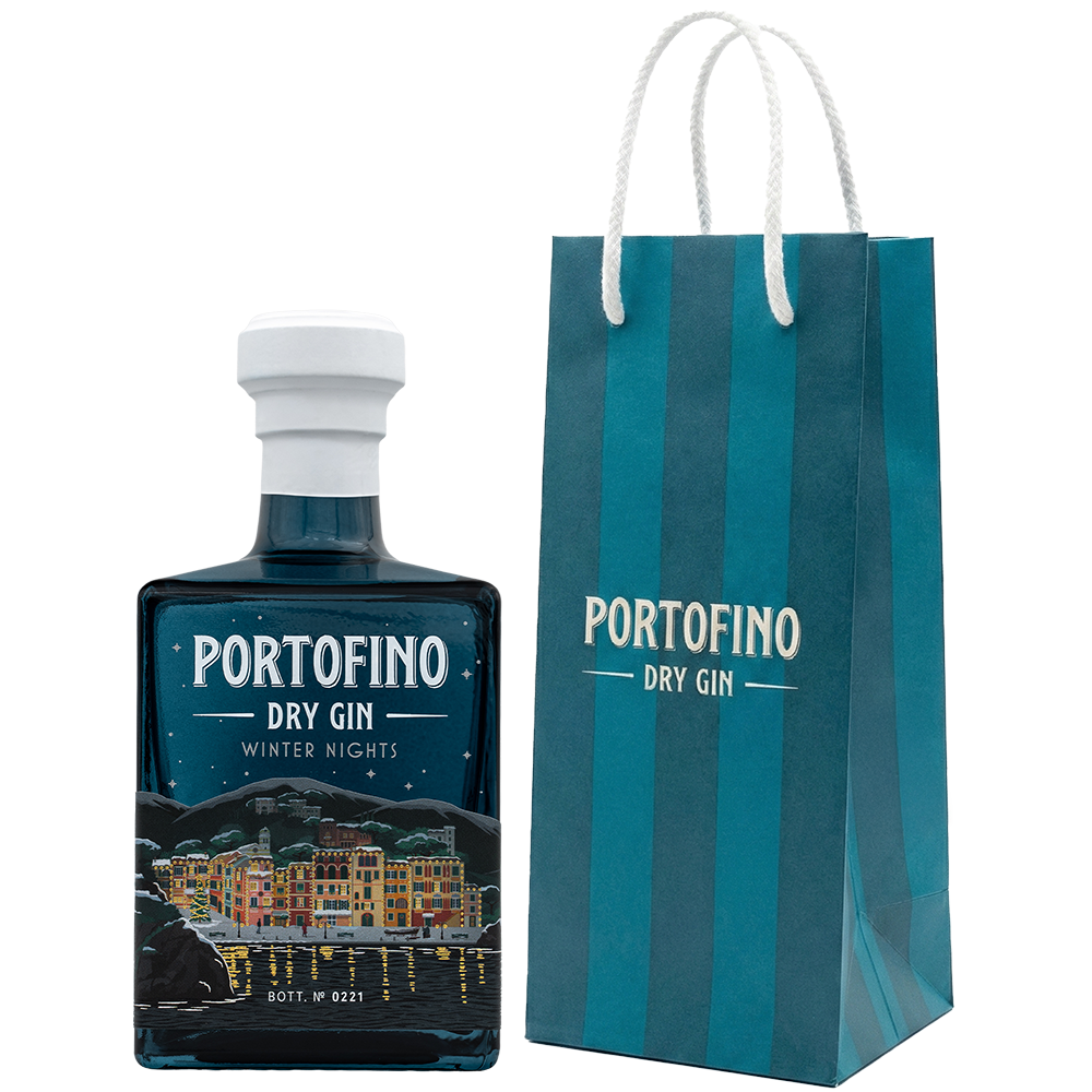 Portofino Dry Gin Winter Nights Limited Edition 500 ml – przód granatowej butelki z panoramą Portofino i firmową torbą