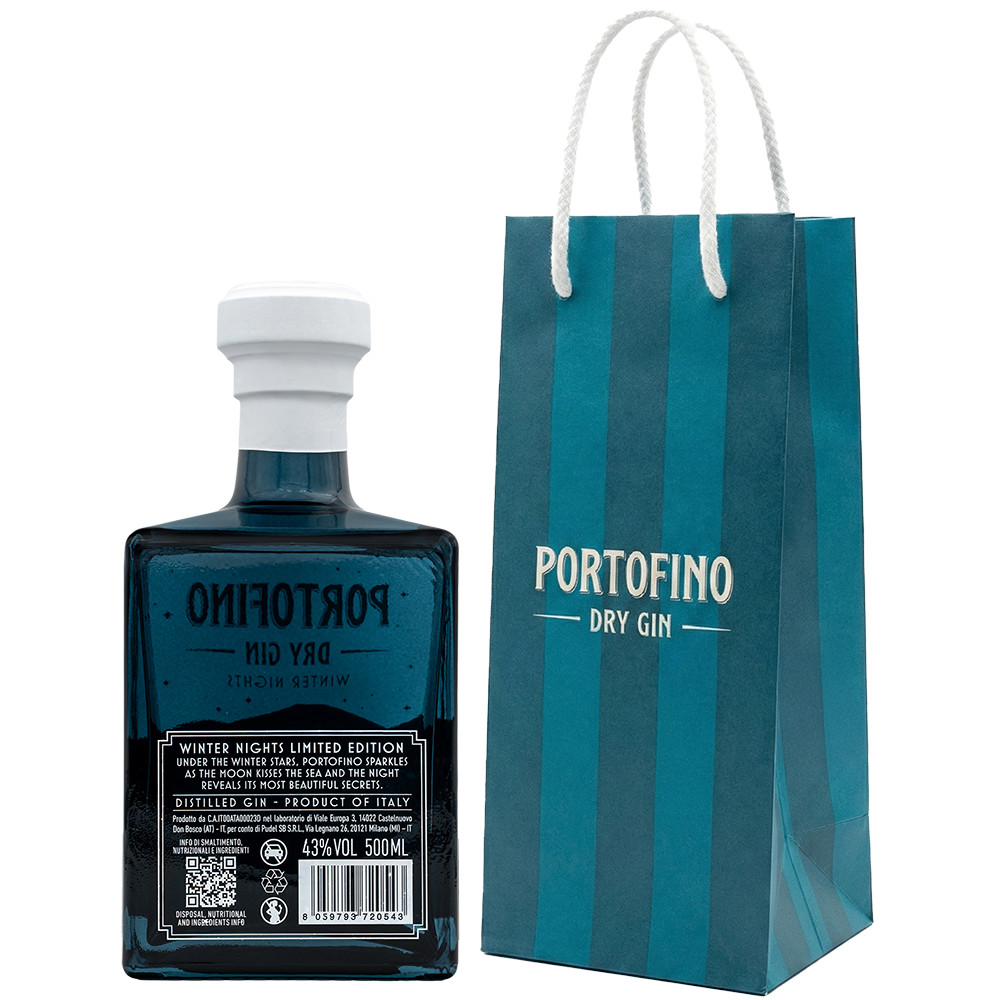 Tył butelki Portofino Dry Gin Winter Nights Limited Edition 500 ml z etykietą 43% alkoholu, obok firmowa torba Portofino