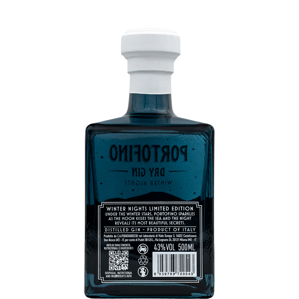 Tył butelki Portofino Dry Gin Winter Nights Limited Edition 500 ml z etykietą produktu i oznaczeniem 43% alkoholu.