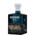 Portofino Dry Gin Winter Nights 500 ml – butelka pod kątem z panoramą Portofino i srebrnym księżycem na bocznej ściance
