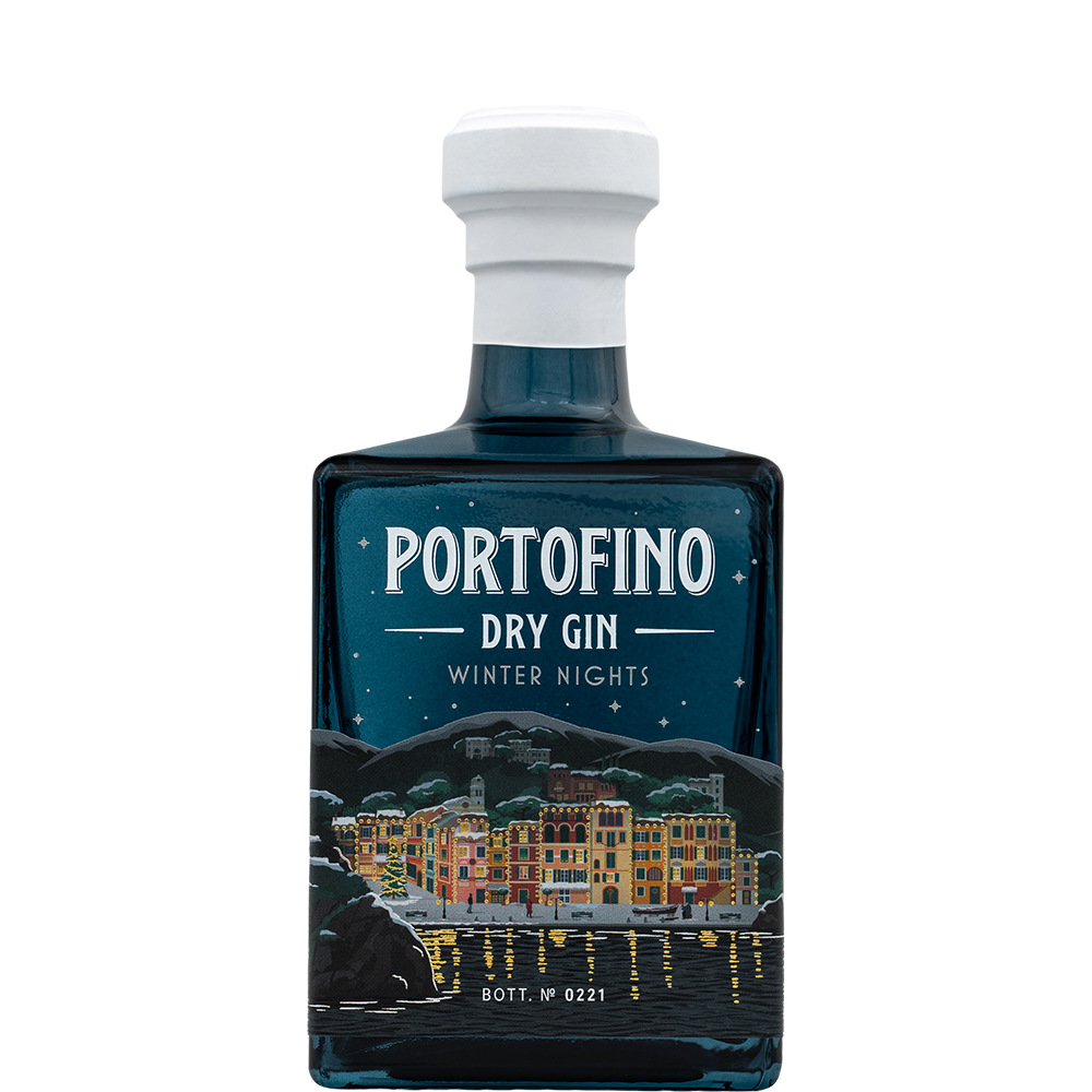 Portofino Dry Gin Winter Nights Limited Edition 500 ml – przód numerowanej, granatowej butelki z panoramą Portofino.