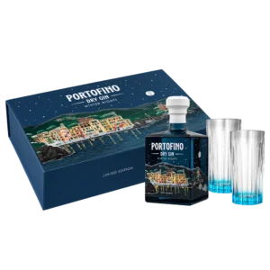 Zestaw prezentowy Portofino Dry Gin Winter Nights Limited Edition z butelką ginu 500 ml i dwiema szklankami.