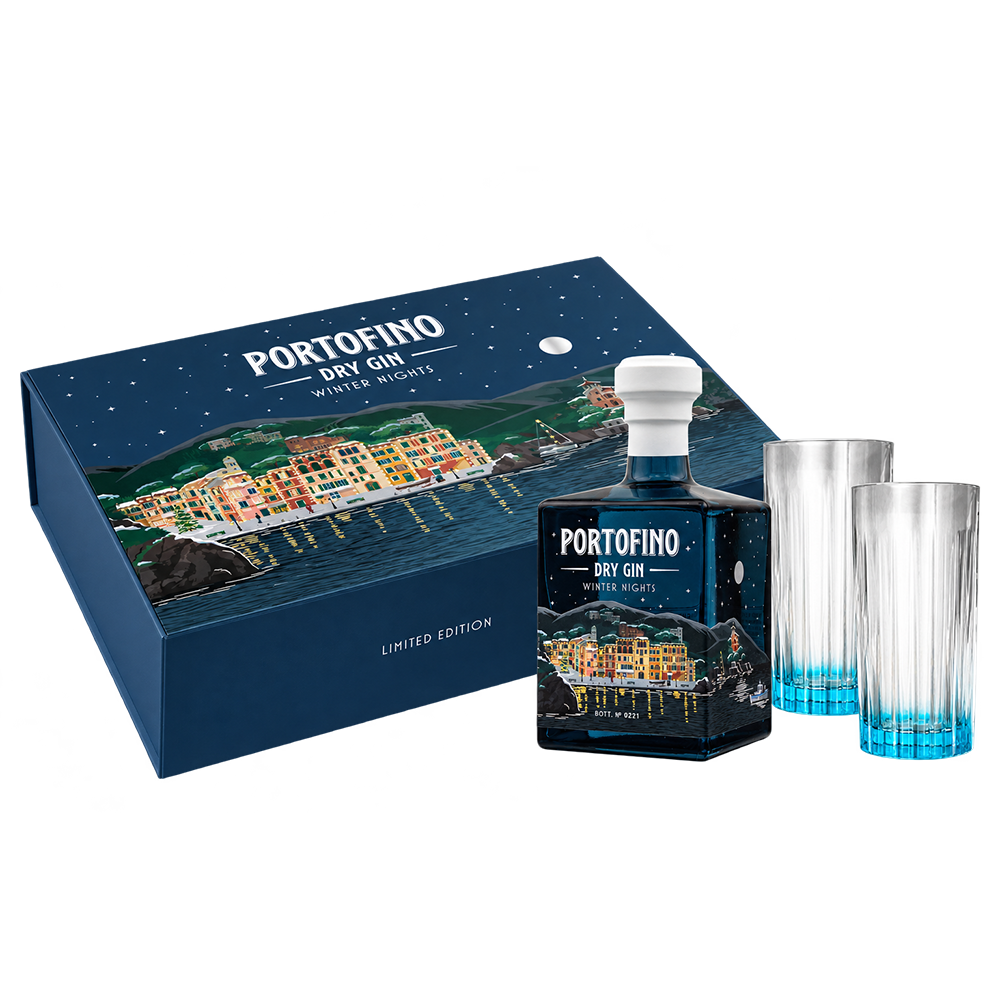 Zestaw prezentowy Portofino Dry Gin Winter Nights Limited Edition z butelką ginu 500 ml i dwiema szklankami.