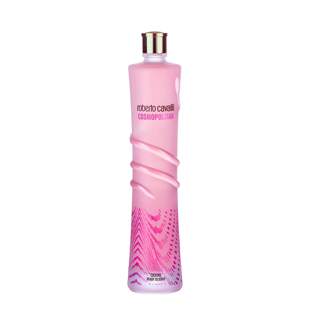 Roberto Cavalli Cosmopolitan 700 ml – różowa butelka gotowego koktajlu ze złotą nakrętką, spiralnymi zdobieniami i wzorem animal print
